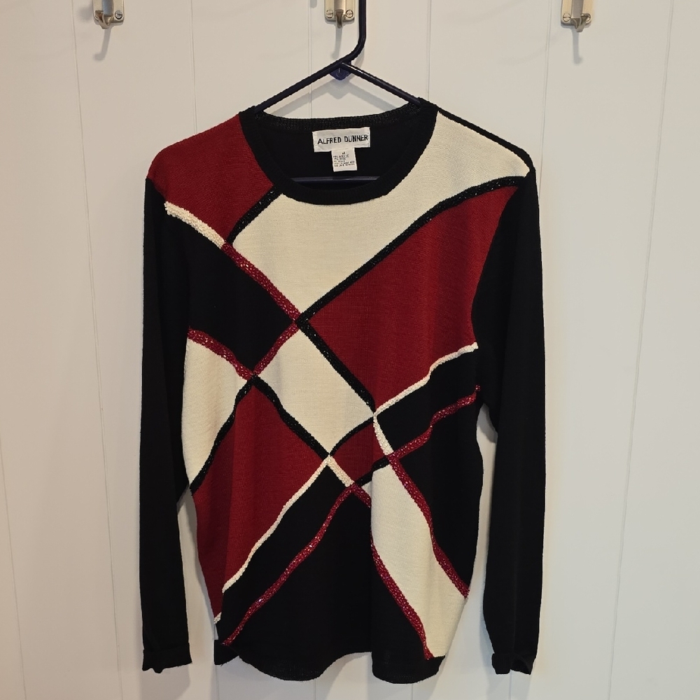 Alfred Dunner Black, Red, and Cream Crisscross Sweater